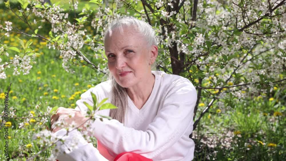 lifestyle portrait senior woman with gray hair relaxes in a flowering garden in spring. spends time in nature. copy space. greyhairdontcare lifestyle portrait senior woman with gray hair relaxes in a flowering garden in spring. spends time in nature. copy space. greyhairdontcare