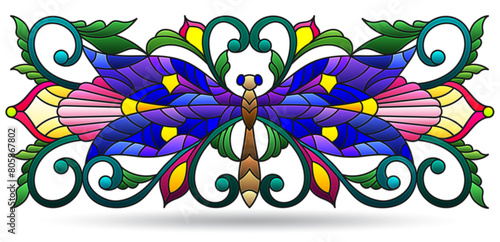 Stained glass illustrations with dragonfly and flowers, compositions isolated on a white background