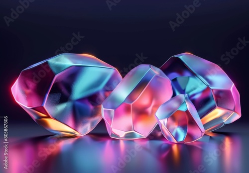 Abstract 3D render of glowing holographic glass shapes on black background, illuminated by neon lights, perfect for futuristic wallpaper or poster projects.