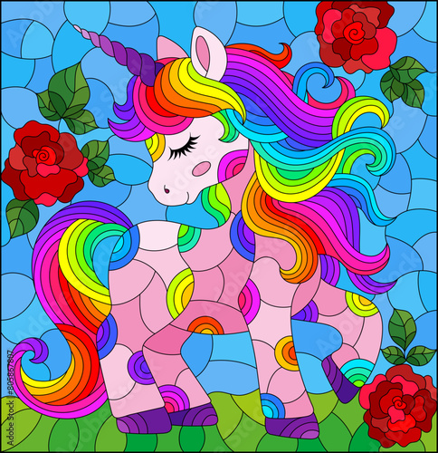 A stained glass illustration with a cute cartoon unicorn on a cloudy sky background and roses