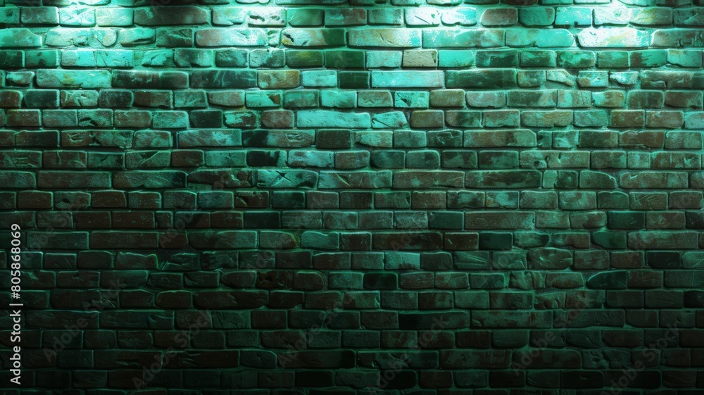 Brick wall illuminated with green light. Background.