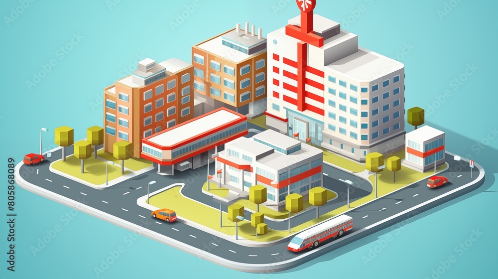 Isometric 3D City Vector Illustration with a Hospital Building.