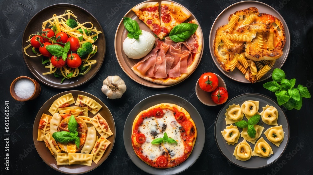 The table is full of a variety of dishes: pizza, pasta, ravioli, carpaccio, caprese salad are presented. View from above. The table is full of a variety of dishes: pizza, pasta, ravioli, carpaccio, caprese salad are presented. View from above.