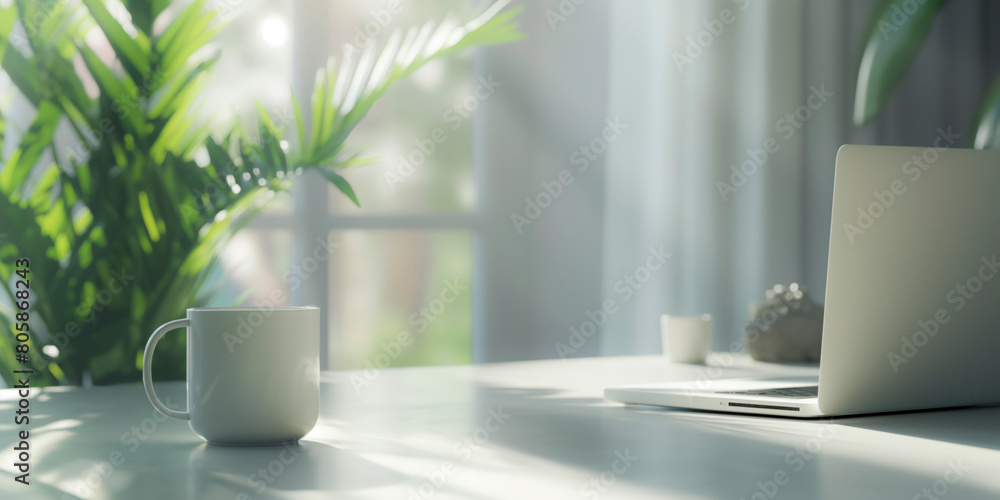 A white mug sits on a table next to a laptop. The scene is bright and sunny, with a potted plant in the background A white mug sits on a table next to a laptop. The scene is bright and sunny, with a potted plant in the background