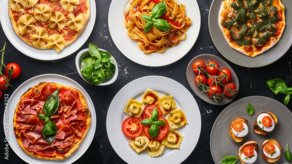 The table is full of a variety of dishes: pizza, pasta, ravioli, carpaccio, caprese salad are presented. View from above. The table is full of a variety of dishes: pizza, pasta, ravioli, carpaccio, caprese salad are presented. View from above.