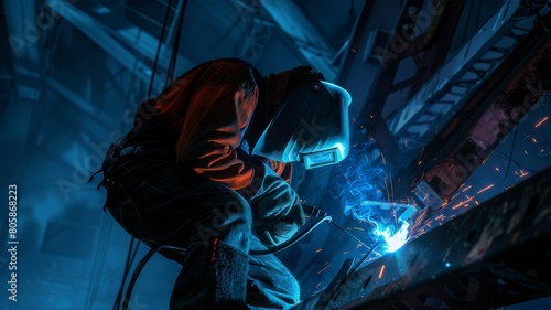 A worker at an industrial facility is welding a metal structure. Welder, engineer. Industry.