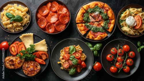 The table is full of a variety of dishes: pizza, pasta, ravioli, carpaccio, caprese salad are presented. View from above.