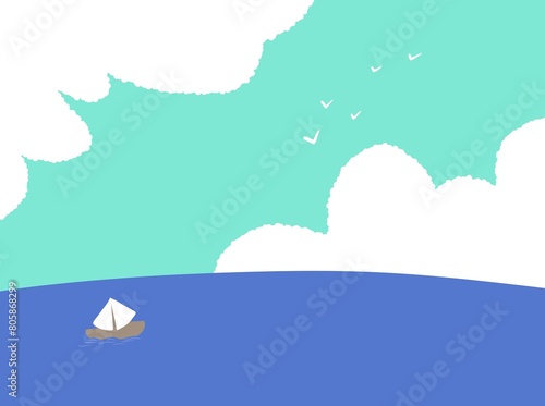 illustration of a boat, summer ocean with clouds © Eunhye