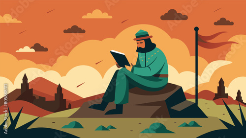 A stoic general sits on a rock overlooking the battlefield writing his reflections on the futility of war and the importance of peace.. Vector illustration
