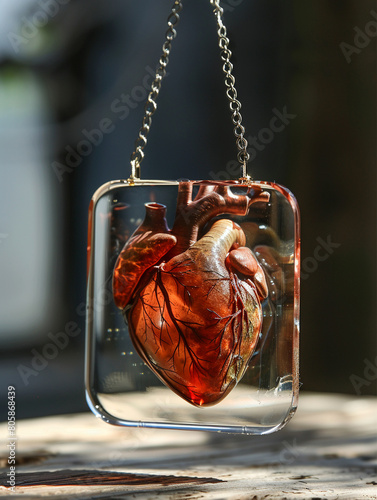 Biofabricated heart suspended in a clear glass container, soft backlighting, close-up view photo