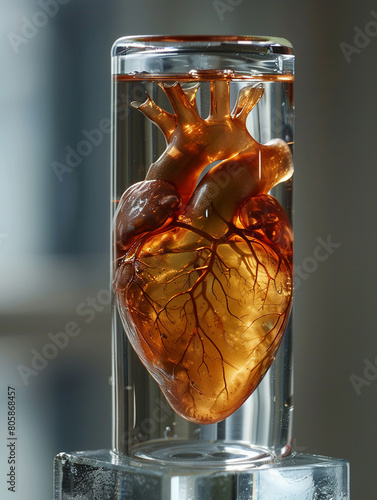 Biofabricated heart suspended in a clear glass container, soft backlighting, close-up view photo