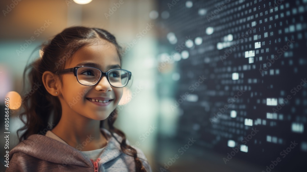 portrait kid girl learn to code with soft blurred friend in a computer lab, coding classroom, Generative AI portrait kid girl learn to code with soft blurred friend in a computer lab, coding classroom, Generative AI