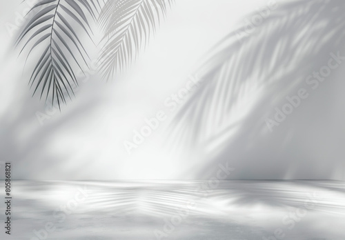 A white background with a palm tree and its shadow. The shadow is the main focus of the image photo