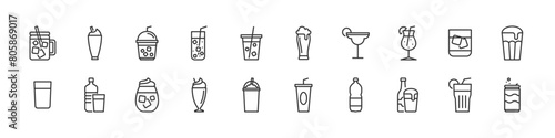 set of cold drinks icon, sparkling water, iced coffee