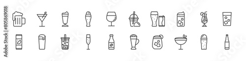 set of cold drinks icon, sparkling water, iced coffee