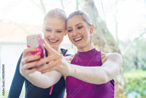 Ballet, people and smile, selfie outdoor after training and competition or theatre. Dancers, happy and friends take photo or bond with smartphone for excited memory, social media or internet post