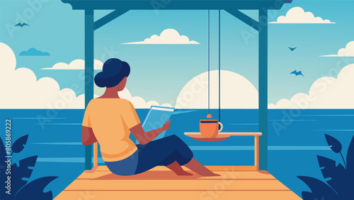 With a view of the ocean and a gentle breeze a Stoic reader sits on a porch swing sipping tea and reflecting on the teachings of Cleanthes.. Vector illustration