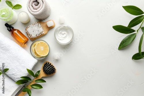 Eco-friendly spa accessories still life on white background with ample space for text placement