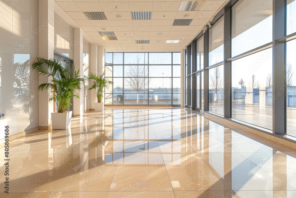 Fototapeta premium Modern office hall with panoramic windows, beige and brown tones, spacious interior design