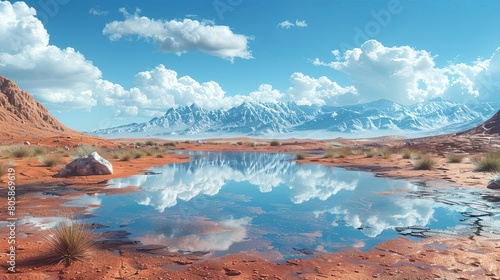 A 3D visualization of Earth with melting glaciers forming puddles, set in a vast arid desert landscape, symbolizing the stark impacts of global warming