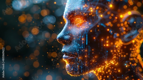 A dramatic 3D scene featuring a humanoid figure with neon circuits and a digital brain, highlighting the fusion of cybernetic enhancements and artificial intelligence
