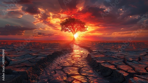 Desolate Landscape: 3D Rendering of a Dry Riverbed and Solitary Tree, Symbolizing the Harsh Realities of Drought