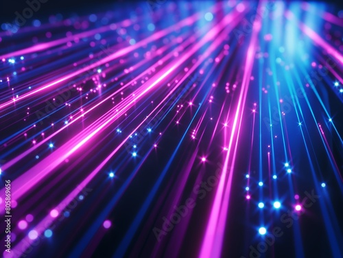 A vibrant backdrop of blue and pink fiber optic lines with sparkling light effects.