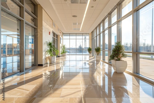 Beautiful modern spacious office hall with panoramic windows in pleasant beige and brown tones