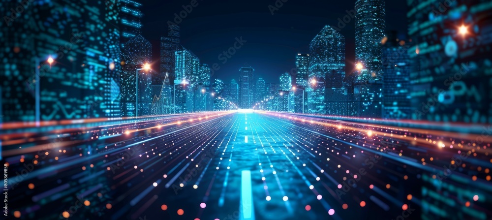 Virtual digital highway technology with city building. Generative AI technology.	
