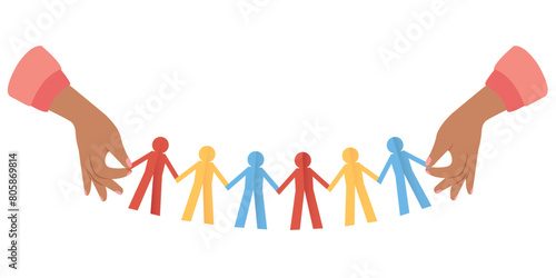 Hands holding human paper chain, Human paper cut. Concept of community and support. Social equality design.