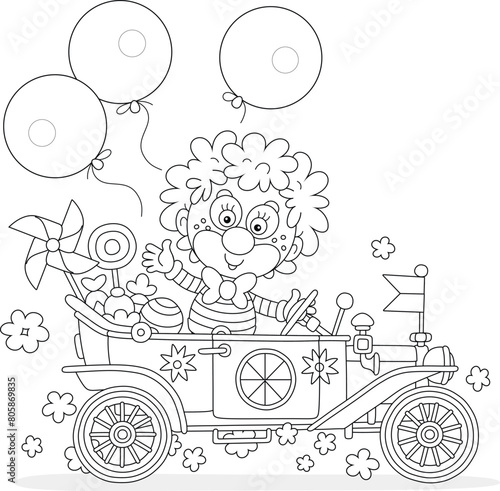 Funny circus clown friendly smiling and waving in greeting in his toy retro car with sweets, gifts and holiday balloons flying around, black and white outline vector cartoon