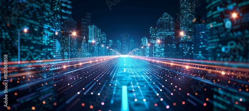 Virtual digital highway technology with city building. Generative AI technology.	
