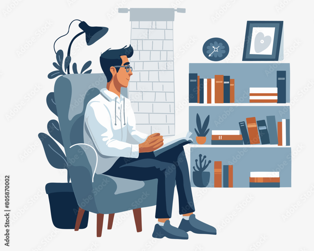 A man in a white shirt with a notepad in his hand sits in a chair in an office or library on a white background A man in a white shirt with a notepad in his hand sits in a chair in an office or library on a white background
