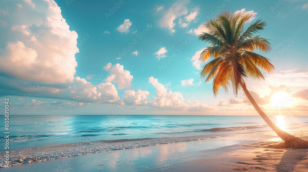 Obraz premium Palm tree on tropical beach with blue sky and white clouds abstract background. Generative ai