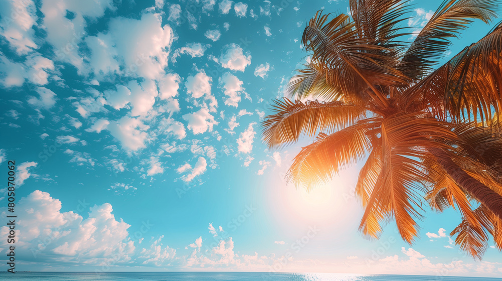 Palm tree on tropical beach with blue sky and white clouds abstract background. Generative ai