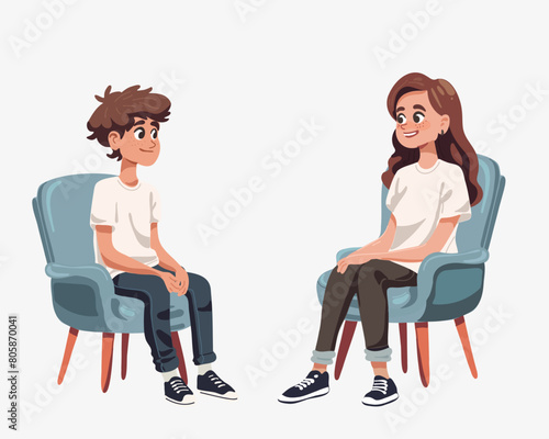 Female and male friends or teenagers sitting on chairs and talking