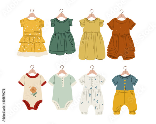 Set of beautiful children's clothing on a trempel