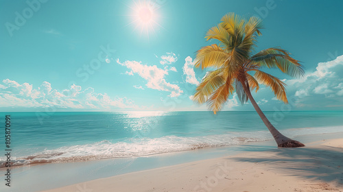 Palm tree on tropical beach with blue sky and white clouds abstract background. Generative ai