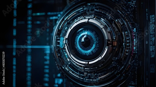 Robotic eye in the dark of technology  hacker or AI  cyborg vision on a digital backdrop. Idea of cyber security  technology  data  AI  hacking  future  and network