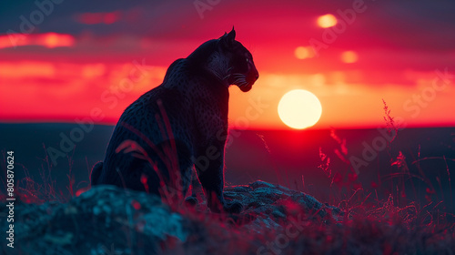 A black panther silhouetted against a vibrant sunset 