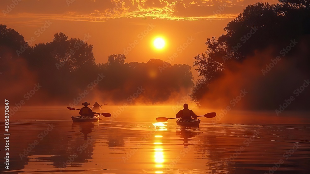 Golden Tranquility: Kayakers Silhouetted Against a Misty Lake at Sunrise, Embracing Serenity and Beauty