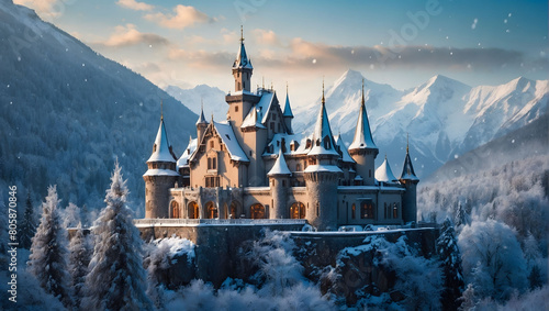 Enchanted Winter Retreat, A Majestic Castle Nestled in a Snowy Wonderland, Surrounded by a Fantasy Landscape of Winter Forests and Mountain Peaks photo