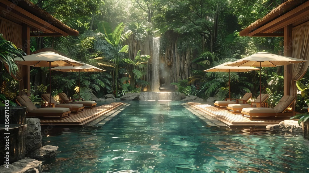 Tropical Tranquility: Luxurious Spa Retreat Tucked Away in Lush Forest, Open-Air Treatment Areas Enveloped by Verdant Greenery