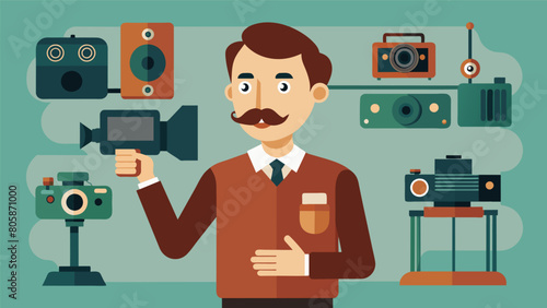The instructor passionately shares the history and development of various vintage camera models pointing out unique features and designs.. Vector illustration