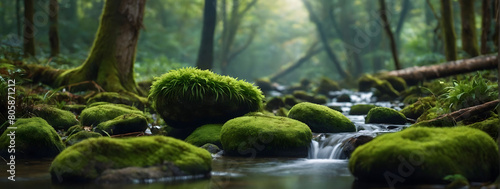 Emerald Woodland Oasis  Immerse Yourself in the Tranquility of a Forest Scene  Where Moss-Clad Stones Add to the Allure of the Wildlife Landscape.