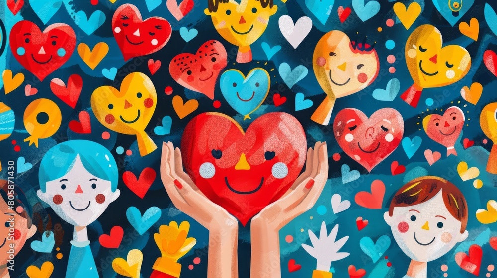Fototapeta premium Charity illustration concept with abstract, diverse persons, hands and hearts. Community compassion, love, and support concept
