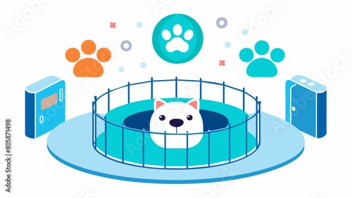 This stateoftheart playpen is equipped with a pet cam and motion sensor providing realtime updates on your pets activities.. Vector illustration