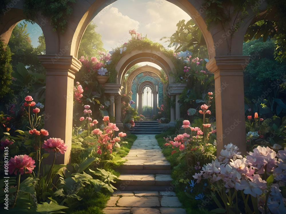 Enchanted garden scene brought to life through digital illustration, showcasing a tranquil oasis of fantasy with ornate flower arches and fantastical flora, a haven of peace and serenity.