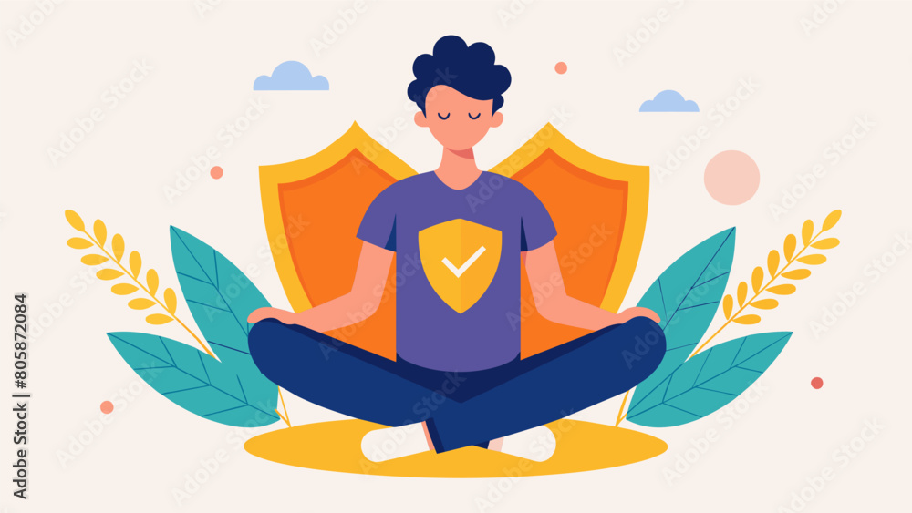 A person sitting in meditation their shield of Stoic virtues serving as a shield against distractions and negative thoughts.. Vector illustration
