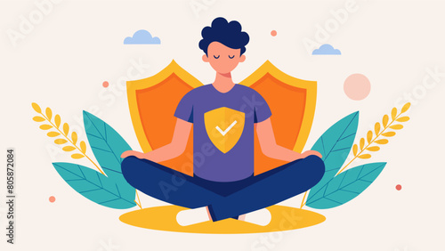 A person sitting in meditation their shield of Stoic virtues serving as a shield against distractions and negative thoughts.. Vector illustration
